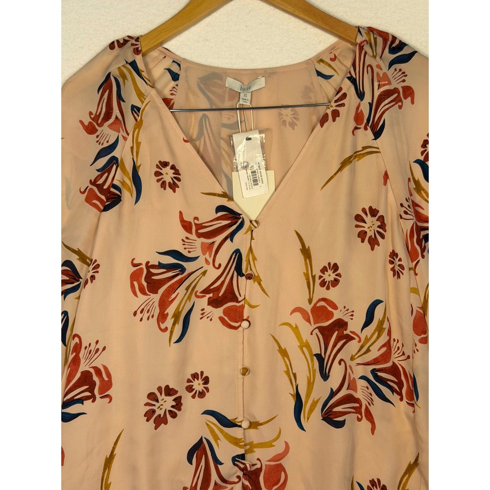 Joie Boyana Blouse Women XS Pink Sky 100% Silk Floral V-Neck Ruffle Cuff NEW - Picture 9 of 10